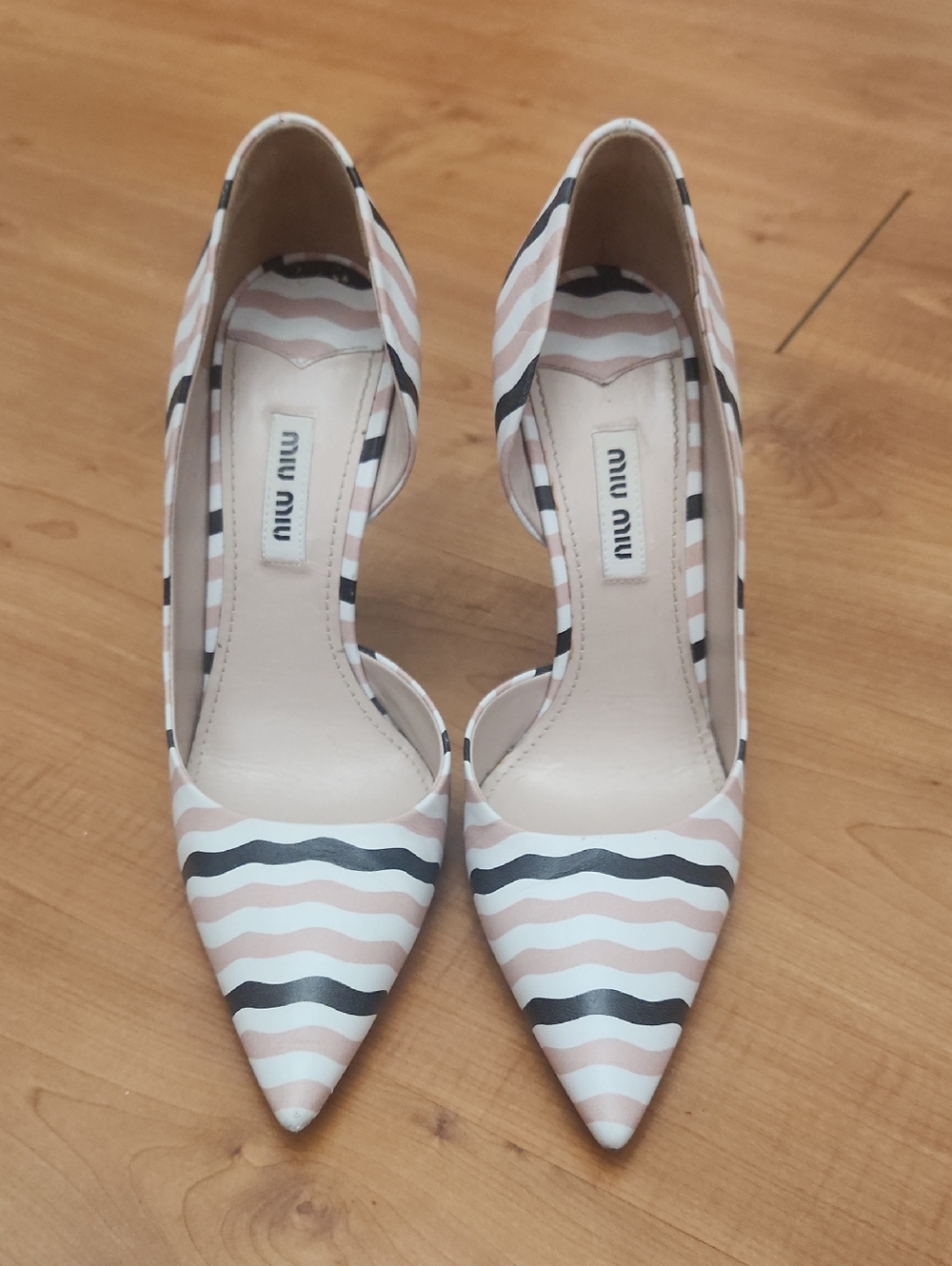 Miu Miu Pink, Black & White Wavy Stripe Pointed Pumps